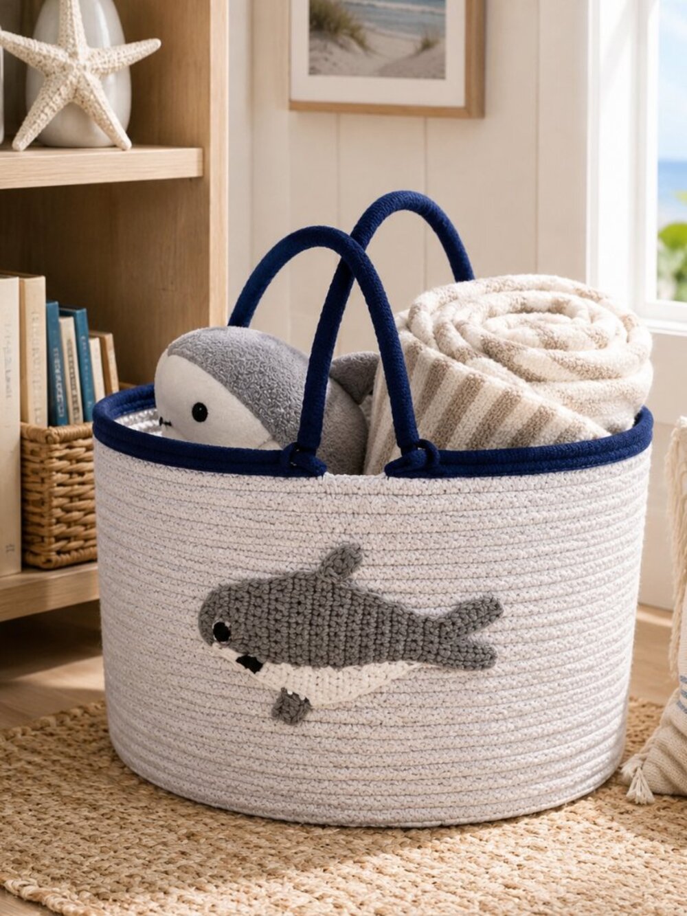 Woven Cotton Rope Shark Basket Tote Beach Bag Toy Storage Coastal